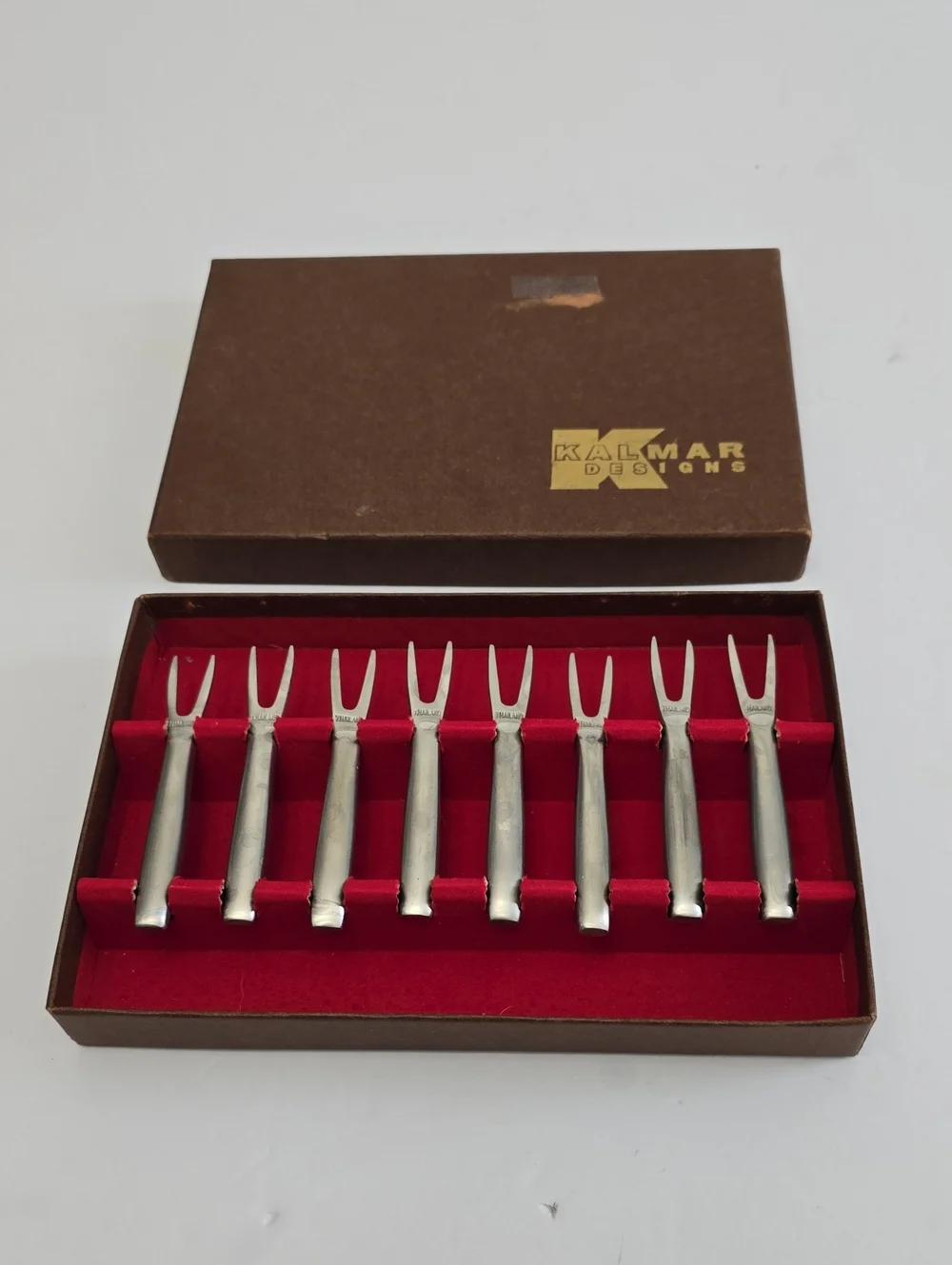 Vintage Kalmar Designs Set Of 8 Cocktail Stainless Steel Forks Hors D' Ouevres